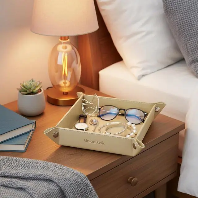 Alt view image 4 of 7 - Small Valet Tray, Jewelry Tray for Rings Watches Earrings, Entryway Catchall Caddy for Coins Keys Change, Nightstand Bedside Valet Holder, Trays for Electronic Gadgets, Pale Gold