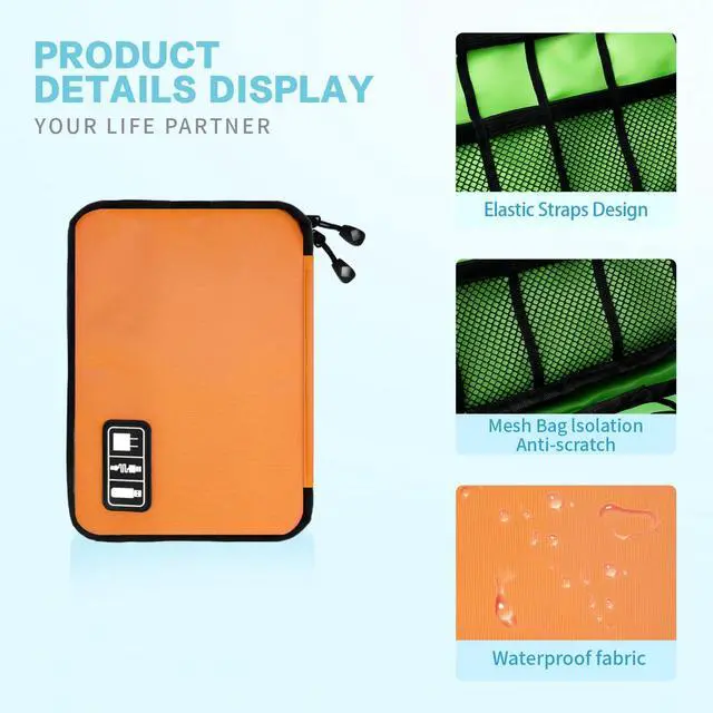 Alt view image 4 of 5 - Electronics Travel Organizer,Portable Waterproof Electronic Travel Storage Bag for Small Charging Cord Storage,Charger,SD Card etc,for Travel,Business-Orange Green