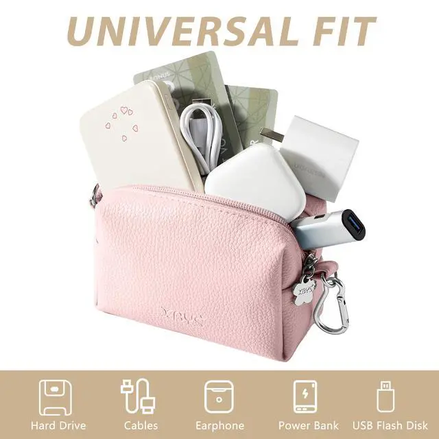 Alt view image 3 of 7 - Small Tech Pouch, Compact Electronics Organizer Travel Case, Pink | Cable Organizer Bag for Chargers, Power Banks, Hard Drives, Earbuds, Cords and Digital Accessories, with Metal Carabine