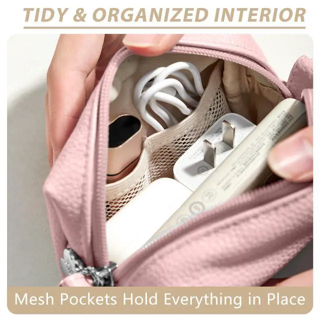 Alt view image 5 of 7 - Small Tech Pouch, Compact Electronics Organizer Travel Case, Pink | Cable Organizer Bag for Chargers, Power Banks, Hard Drives, Earbuds, Cords and Digital Accessories, with Metal Carabine