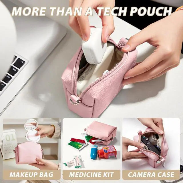 Alt view image 7 of 7 - Small Tech Pouch, Compact Electronics Organizer Travel Case, Pink | Cable Organizer Bag for Chargers, Power Banks, Hard Drives, Earbuds, Cords and Digital Accessories, with Metal Carabine