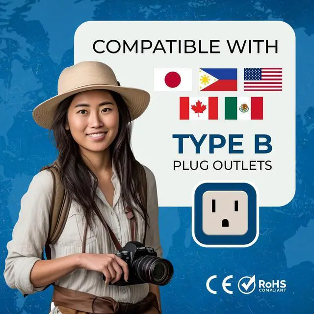 Alt view image 5 of 7 - USA, Japan, Philippines & More (Type B) Travel Adapter Plug - 2 in 1 - CE Certified - RoHS Compliant - 4 Pack - White Color (DB-5-4PK)