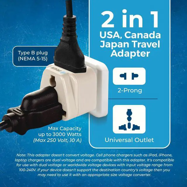 Alt view image 7 of 7 - USA, Japan, Philippines & More (Type B) Travel Adapter Plug - 2 in 1 - CE Certified - RoHS Compliant - 4 Pack - White Color (DB-5-4PK)