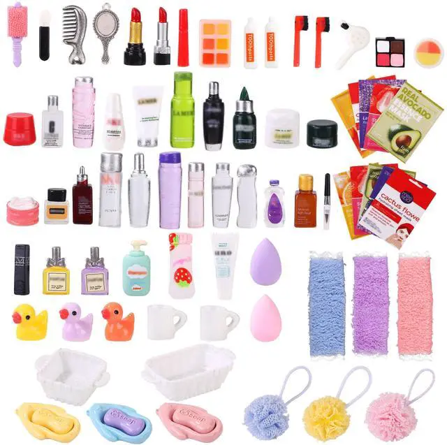 Main image of 75Pcs Dollhouse Mini Jewelry Storage Case Miniature Bathroom Accessories | Dollhouse Makeup Set Towel Cosmetic Toothbrush Shampoo Perfume Hair Dryer Comb Doll Backpack Micro Scene
