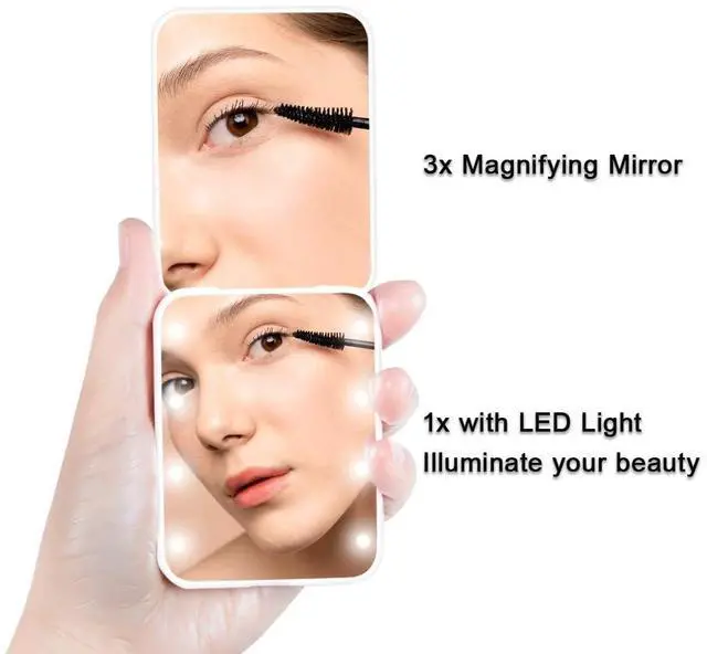 Alt view image 2 of 7 - Compact Mirror, 1x/3x Magnification Mini Mirror for Purse, Pocket, Handheld, Stocking Stuffers, Travel Makeup, 2-Sided Foldable, Small Mirror with Led Lights