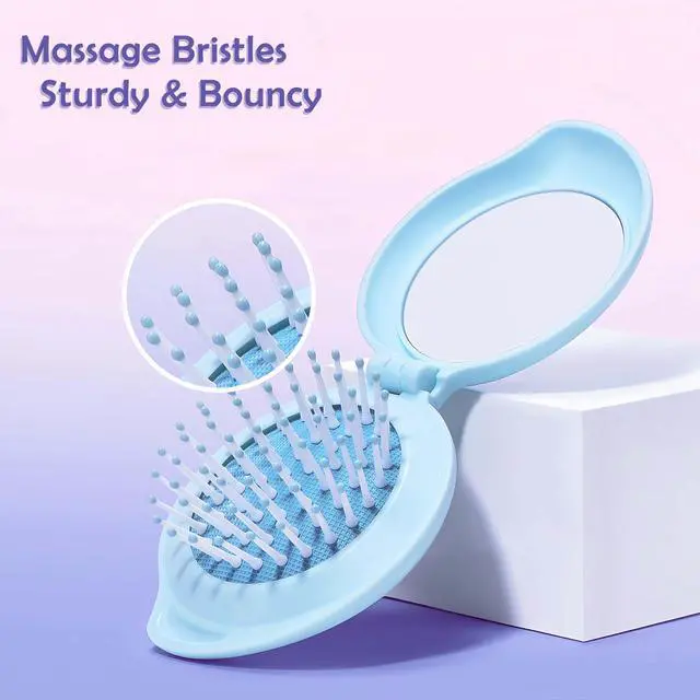 Alt view image 3 of 6 - Mini Hair Brush with Mirror Combo for Ladies, Travel Hairbrush for Girls, Small Purse Compact for On the Go, Folding Hair Brush and Mirror Kit for Pocket, Gifts for Women, Blue
