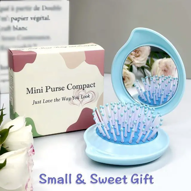 Alt view image 6 of 6 - Mini Hair Brush with Mirror Combo for Ladies, Travel Hairbrush for Girls, Small Purse Compact for On the Go, Folding Hair Brush and Mirror Kit for Pocket, Gifts for Women, Blue