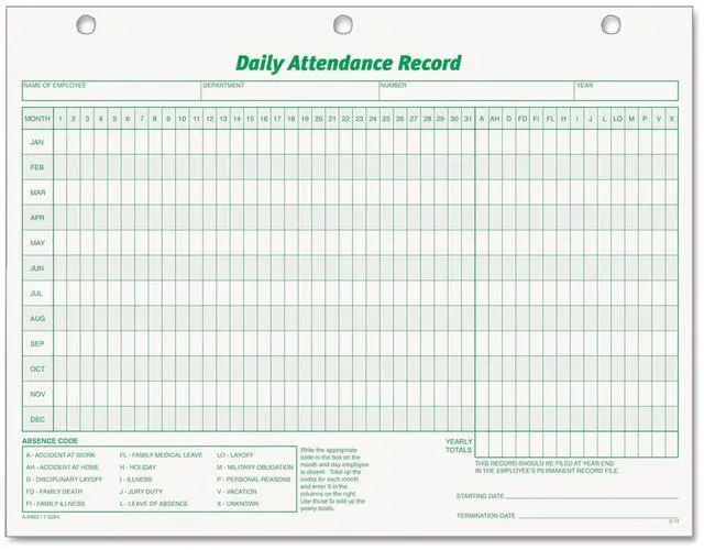 Main image of Daily Attendance Record, Loose-Leaf Style, 8.5 x 11 Inches, 50 Forms per Pack (3284)