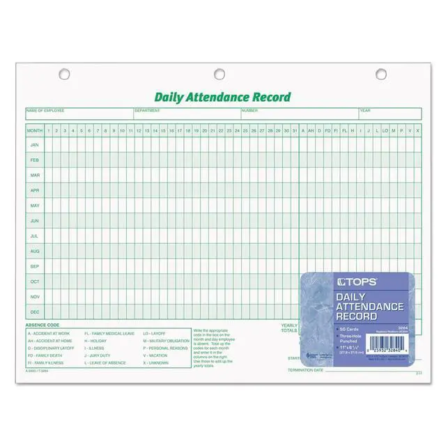 Alt view image 2 of 2 - Daily Attendance Record, Loose-Leaf Style, 8.5 x 11 Inches, 50 Forms per Pack (3284)