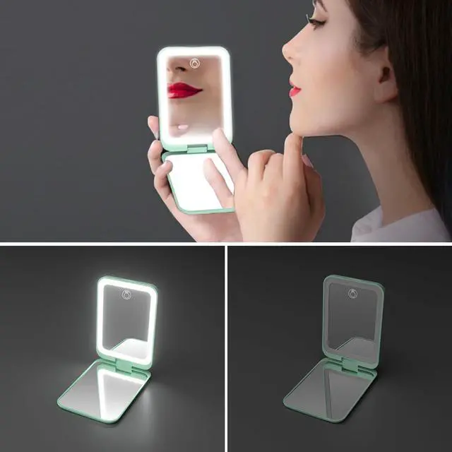 Alt view image 3 of 7 - 1X/3X Pocket Mirror, 3 Color Lighting LED Compact Mirror (Cyan) | Rechargeable Dimmable Travel Mirror for Purse, Portable, Folding, Handheld, Small Lighted Mirror for Women Gift