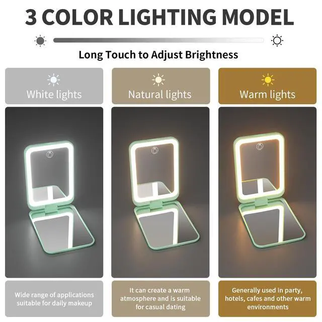 Alt view image 6 of 7 - 1X/3X Pocket Mirror, 3 Color Lighting LED Compact Mirror (Cyan) | Rechargeable Dimmable Travel Mirror for Purse, Portable, Folding, Handheld, Small Lighted Mirror for Women Gift