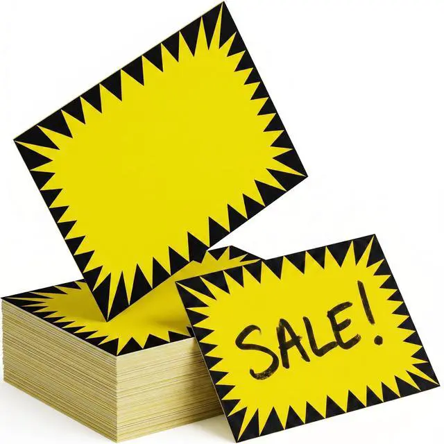 Main image of Price Burst 60 Pack Yellow Sign. Boost Sales with Bright Display Tags. Durable, Easy to Write On Star Cards Are For Yard, Estate & Garage Sale, Fundraiser, Store, Business & Flea Market.