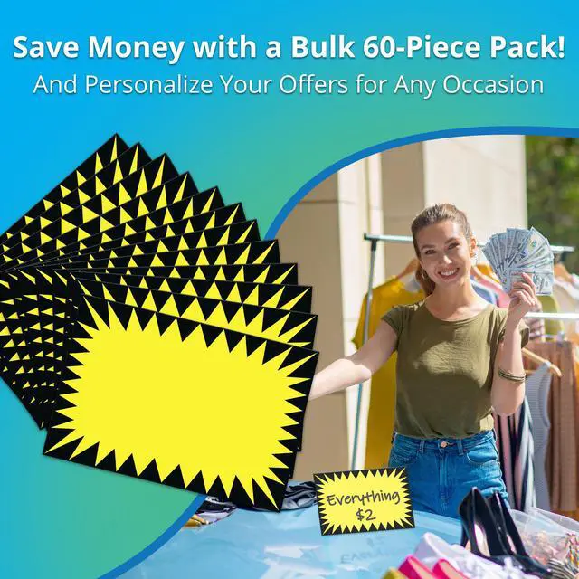 Alt view image 6 of 7 - Price Burst 60 Pack Yellow Sign. Boost Sales with Bright Display Tags. Durable, Easy to Write On Star Cards Are For Yard, Estate & Garage Sale, Fundraiser, Store, Business & Flea Market.