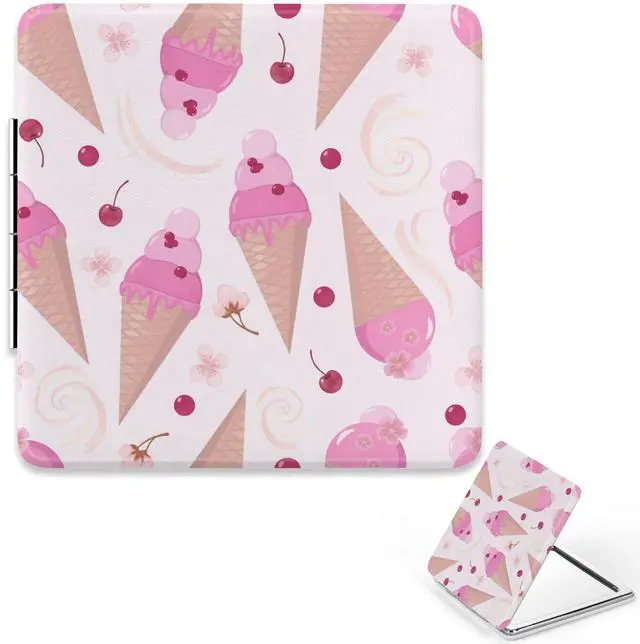 Main image of Pink Ice Creams Cherry Flower Travel Makeup Mirror, 2. 8× 2. 8 Purse Mirrors for Women Girls Pocket Mirror Items Under 10 Dollars for Women Stocking Stuffers Under 10 Dollars
