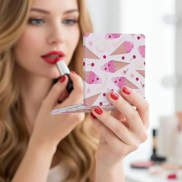 Alt view image 5 of 7 - Pink Ice Creams Cherry Flower Travel Makeup Mirror, 2. 8× 2. 8 Purse Mirrors for Women Girls Pocket Mirror Items Under 10 Dollars for Women Stocking Stuffers Under 10 Dollars