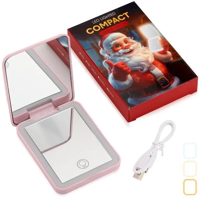 Main image of Christmas Compact Mirror with Gift Box Women Pocket Mirror Christmas Stocking Stuffers Gifts 1x/ 2X Magnification LED Travel 3 Color Lighting Dimmable Touch Screen(Pink)