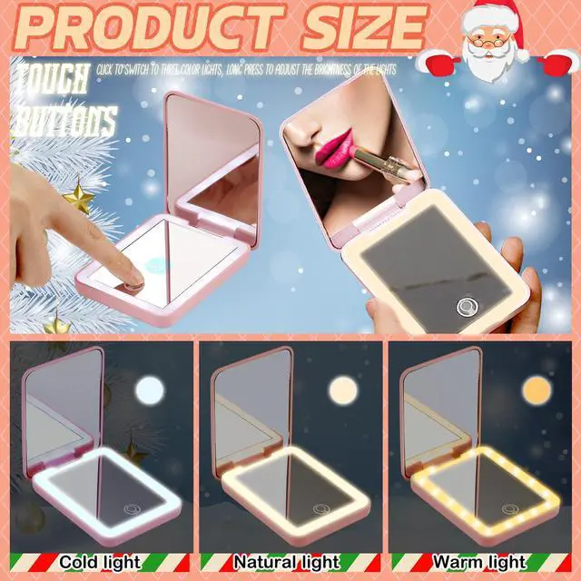 Alt view image 2 of 6 - Christmas Compact Mirror with Gift Box Women Pocket Mirror Christmas Stocking Stuffers Gifts 1x/ 2X Magnification LED Travel 3 Color Lighting Dimmable Touch Screen(Pink)