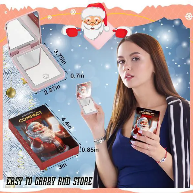 Alt view image 3 of 6 - Christmas Compact Mirror with Gift Box Women Pocket Mirror Christmas Stocking Stuffers Gifts 1x/ 2X Magnification LED Travel 3 Color Lighting Dimmable Touch Screen(Pink)