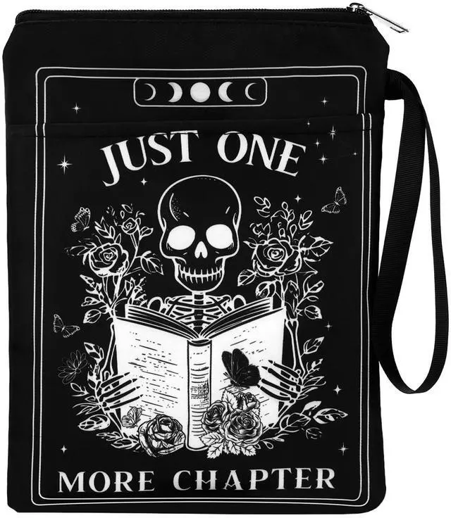 Main image of Gothic Book Sleeve Pouch - Books Covers with Zipper Front Pocket | Just One More Chapter Skeleton Black Tarot Card Washable Book Protector Bookish Reader Book Lovers Gifts for Books Paperbacks