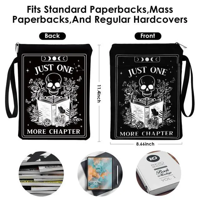 Alt view image 6 of 7 - Gothic Book Sleeve Pouch - Books Covers with Zipper Front Pocket | Just One More Chapter Skeleton Black Tarot Card Washable Book Protector Bookish Reader Book Lovers Gifts for Books Paperbacks