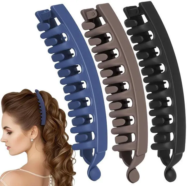 Main image of 3pcs Large Banana Hair Clips for Women, Strong Claw Clip Barrettes, Vintage Non-Slip Double Combs Hairstylist Accessories for Thick, Long, Curly Hair - Black, Dark Coffee, Dark Blue