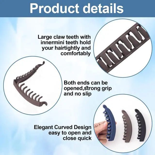 Alt view image 3 of 6 - 3pcs Large Banana Hair Clips for Women, Strong Claw Clip Barrettes, Vintage Non-Slip Double Combs Hairstylist Accessories for Thick, Long, Curly Hair - Black, Dark Coffee, Dark Blue