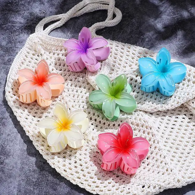 Alt view image 3 of 6 - Flower Hair Clips 6 PCS Hair Accessories for Women - Hawai | Hawaiian Claw Clips for Vacation Hibiscus Hair Claw Clips for Girls Cute Large Hair Clips for Thick and Thin Hair Plumeria