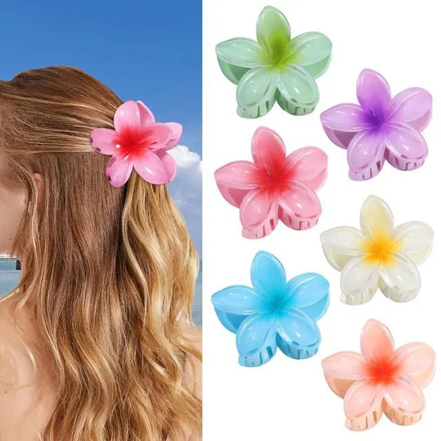 Alt view image 4 of 6 - Flower Hair Clips 6 PCS Hair Accessories for Women - Hawai | Hawaiian Claw Clips for Vacation Hibiscus Hair Claw Clips for Girls Cute Large Hair Clips for Thick and Thin Hair Plumeria