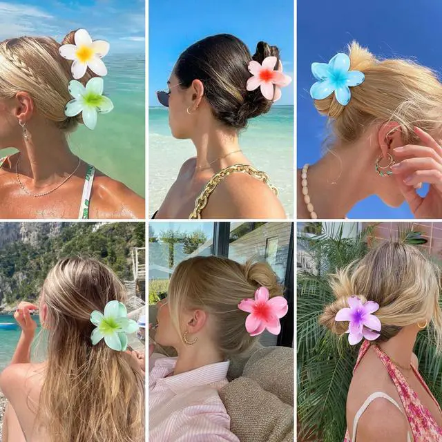 Alt view image 6 of 6 - Flower Hair Clips 6 PCS Hair Accessories for Women - Hawai | Hawaiian Claw Clips for Vacation Hibiscus Hair Claw Clips for Girls Cute Large Hair Clips for Thick and Thin Hair Plumeria
