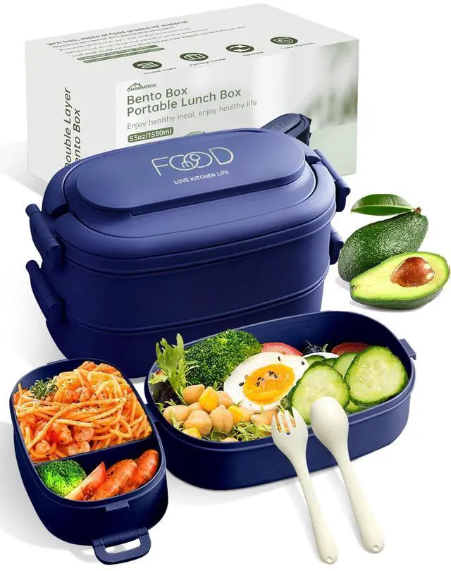 Main image of Bento Box Adults Lunch Box, Stackable Lunchbox w/Utensils | Leak-Proof Portable Lunch Container w/Divided Compartments, 1550ml Microwave Safe Lunch Box for Work, Outdoors, Navy Blue