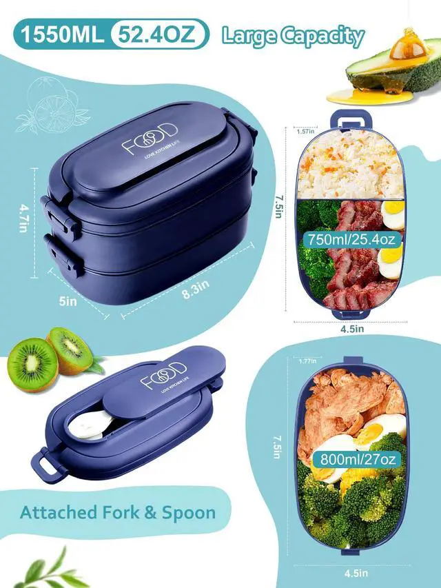 Alt view image 2 of 7 - Bento Box Adults Lunch Box, Stackable Lunchbox w/Utensils | Leak-Proof Portable Lunch Container w/Divided Compartments, 1550ml Microwave Safe Lunch Box for Work, Outdoors, Navy Blue