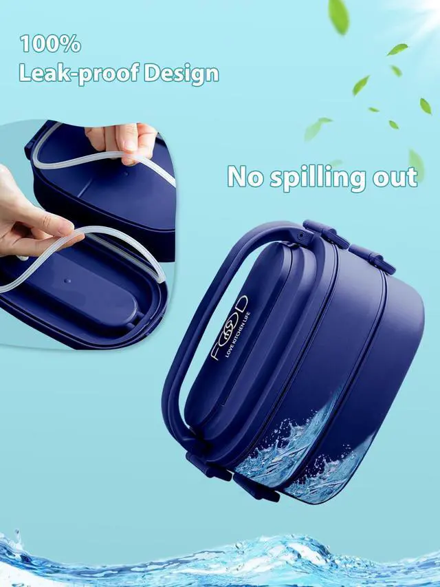 Alt view image 3 of 7 - Bento Box Adults Lunch Box, Stackable Lunchbox w/Utensils | Leak-Proof Portable Lunch Container w/Divided Compartments, 1550ml Microwave Safe Lunch Box for Work, Outdoors, Navy Blue