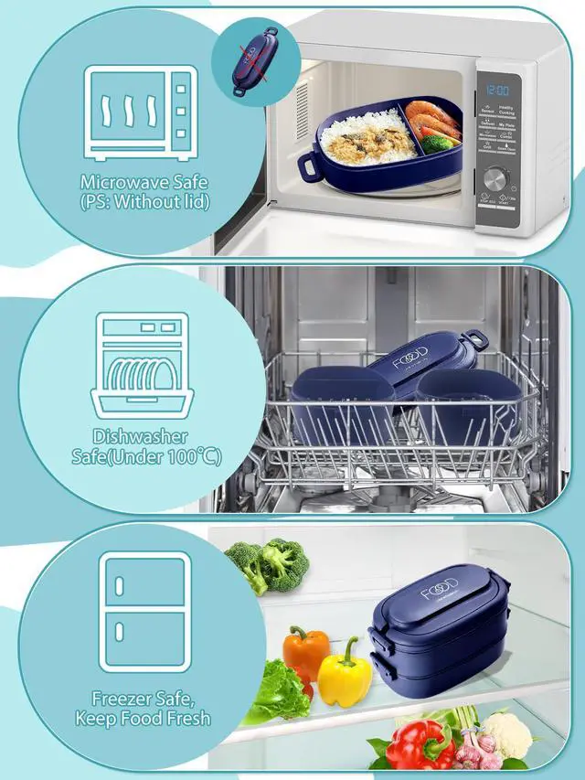 Alt view image 4 of 7 - Bento Box Adults Lunch Box, Stackable Lunchbox w/Utensils | Leak-Proof Portable Lunch Container w/Divided Compartments, 1550ml Microwave Safe Lunch Box for Work, Outdoors, Navy Blue
