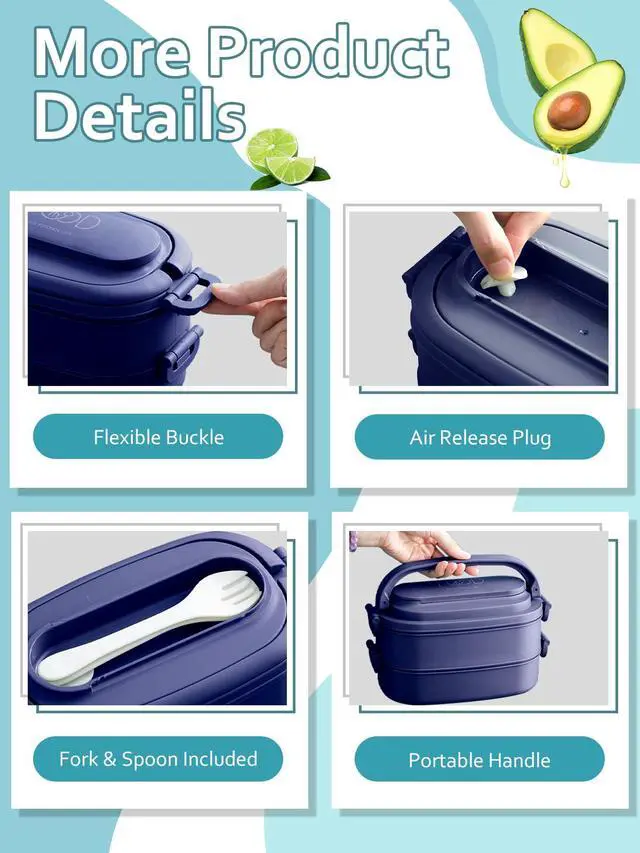 Alt view image 5 of 7 - Bento Box Adults Lunch Box, Stackable Lunchbox w/Utensils | Leak-Proof Portable Lunch Container w/Divided Compartments, 1550ml Microwave Safe Lunch Box for Work, Outdoors, Navy Blue