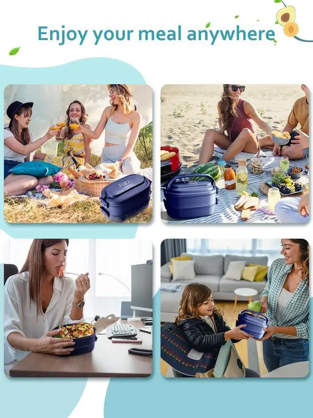 Alt view image 6 of 7 - Bento Box Adults Lunch Box, Stackable Lunchbox w/Utensils | Leak-Proof Portable Lunch Container w/Divided Compartments, 1550ml Microwave Safe Lunch Box for Work, Outdoors, Navy Blue