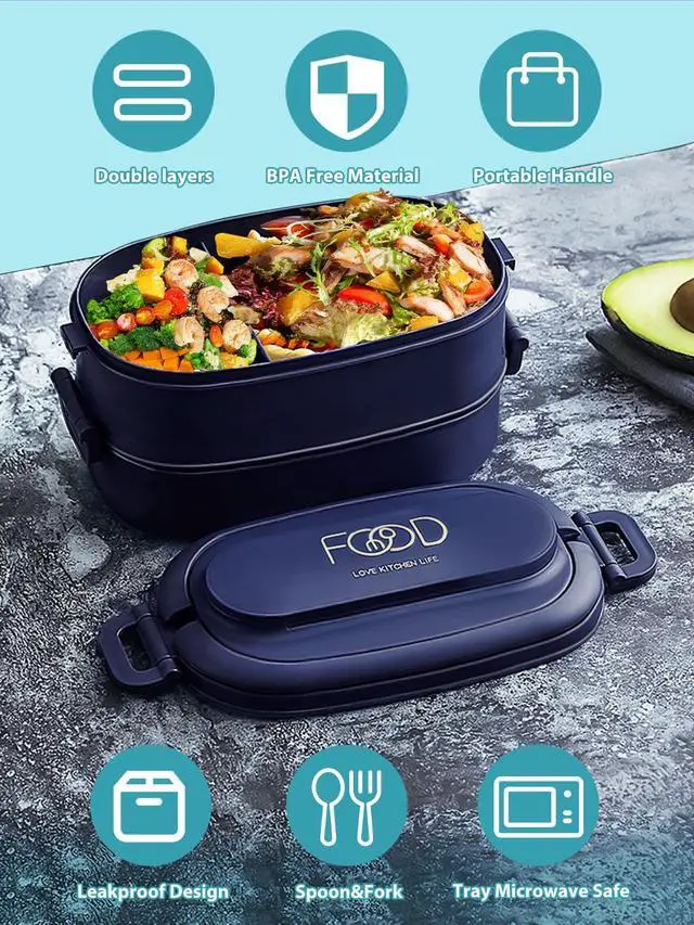 Alt view image 7 of 7 - Bento Box Adults Lunch Box, Stackable Lunchbox w/Utensils | Leak-Proof Portable Lunch Container w/Divided Compartments, 1550ml Microwave Safe Lunch Box for Work, Outdoors, Navy Blue