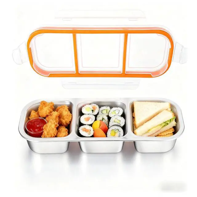 Alt view image 2 of 7 - Snack Container Leak-Proof Box for Lunch, Stainless Steel Snack Bento Box,Bento Box 3 Compartments, Dishwasher Safe, Suitable for Work, Picnics