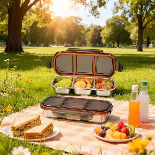 Alt view image 5 of 7 - Snack Container Leak-Proof Box for Lunch, Stainless Steel Snack Bento Box,Bento Box 3 Compartments, Dishwasher Safe, Suitable for Work, Picnics