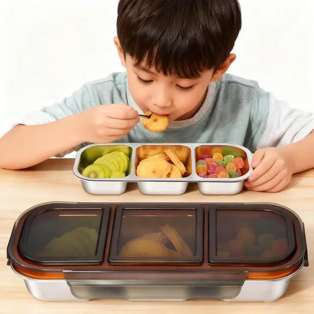Alt view image 4 of 7 - Snack Container Leak-Proof Box for Lunch, Stainless Steel Snack Bento Box,Bento Box 3 Compartments, Dishwasher Safe, Suitable for Work, Picnics