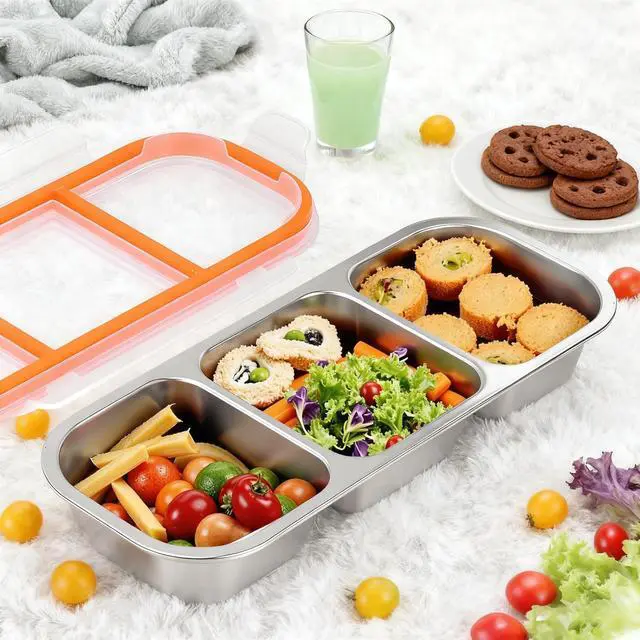 Alt view image 3 of 7 - Snack Container Leak-Proof Box for Lunch, Stainless Steel Snack Bento Box,Bento Box 3 Compartments, Dishwasher Safe, Suitable for Work, Picnics