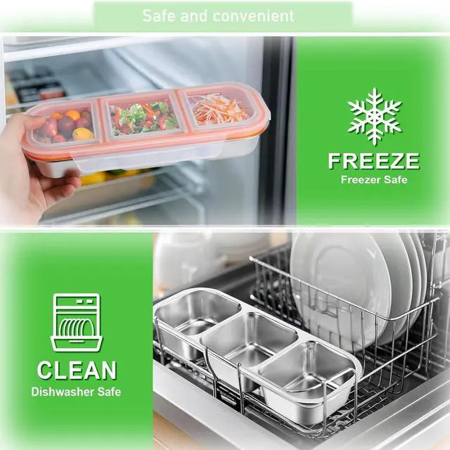 Alt view image 7 of 7 - Snack Container Leak-Proof Box for Lunch, Stainless Steel Snack Bento Box,Bento Box 3 Compartments, Dishwasher Safe, Suitable for Work, Picnics