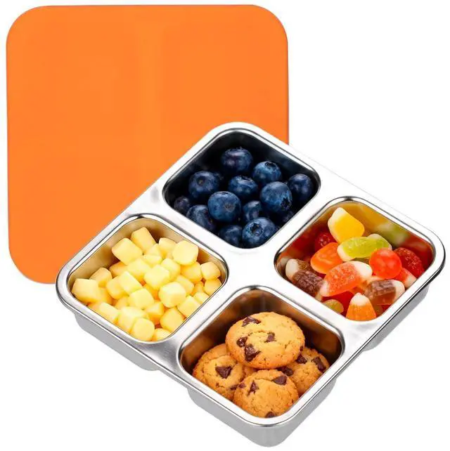 Main image of Stainless Steel Snack Containers with Lids, Lunchable 4 Compartment, Orange | Snackle, Small Bento Lunch Box, Divided Food Storage, Portion Control, Meal Prep, Reusable, Leakproof, for Adult Kids,