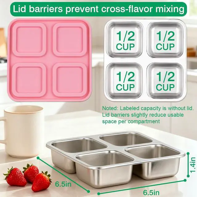 Alt view image 2 of 7 - Stainless Steel Snack Containers with Lids, Lunchable 4 Compartment, Orange | Snackle, Small Bento Lunch Box, Divided Food Storage, Portion Control, Meal Prep, Reusable, Leakproof, for Adult Kids,