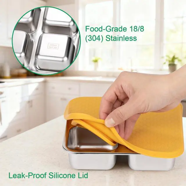 Alt view image 3 of 7 - Stainless Steel Snack Containers with Lids, Lunchable 4 Compartment, Orange | Snackle, Small Bento Lunch Box, Divided Food Storage, Portion Control, Meal Prep, Reusable, Leakproof, for Adult Kids,
