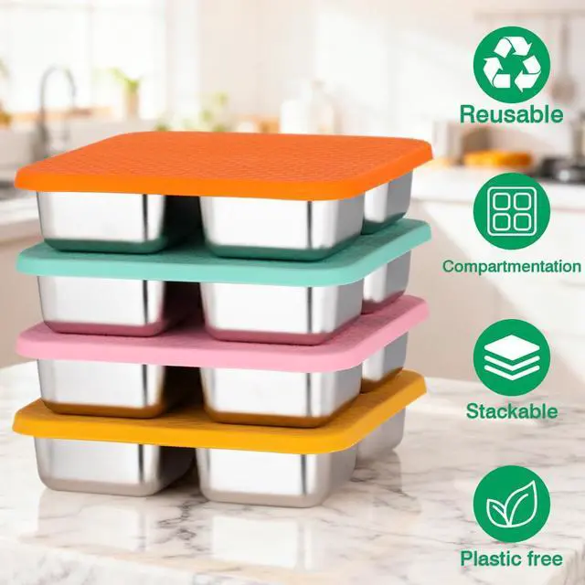 Alt view image 4 of 7 - Stainless Steel Snack Containers with Lids, Lunchable 4 Compartment, Orange | Snackle, Small Bento Lunch Box, Divided Food Storage, Portion Control, Meal Prep, Reusable, Leakproof, for Adult Kids,