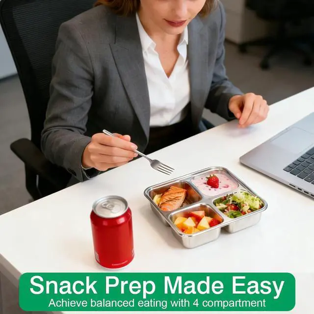 Alt view image 6 of 7 - Stainless Steel Snack Containers with Lids, Lunchable 4 Compartment, Orange | Snackle, Small Bento Lunch Box, Divided Food Storage, Portion Control, Meal Prep, Reusable, Leakproof, for Adult Kids,