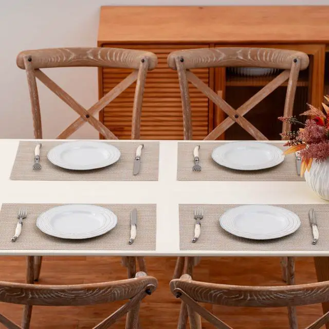 Alt view image 4 of 7 - Placemats Set of 4, Heat Resistant Place Mats, Washable PVC Table Mats, Woven Vinyl Plastic Placemats for Dining Table, Non-Slip Stain Resistant Kitchen Table Placemats Easy to Clean?Beige?