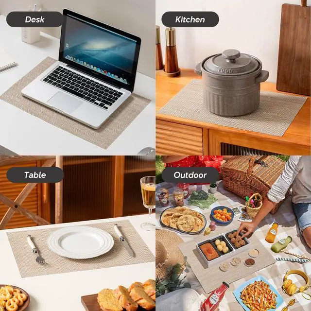 Alt view image 7 of 7 - Placemats Set of 4, Heat Resistant Place Mats, Washable PVC Table Mats, Woven Vinyl Plastic Placemats for Dining Table, Non-Slip Stain Resistant Kitchen Table Placemats Easy to Clean?Beige?