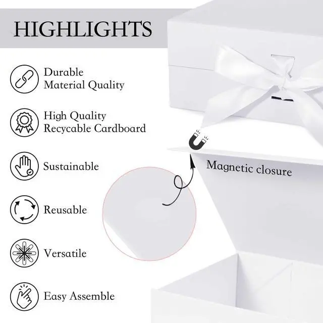 Alt view image 4 of 6 - White Gift Box with Ribbon Magnetic Lids 1 Pack | Large Gift Boxes Bridesmaid Groomsman Proposal Boxes, 10.2x9x3.74 in, Collapsible Wedding Storage Box