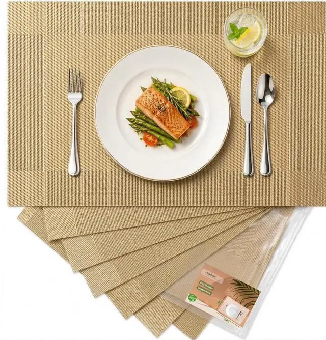 Main image of Gold Placemats Set of 6 - Washable Woven Table Mats, Heat Resistant & Non Slip Dining Placemats